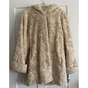 Adrienne Landau Faux Fur Jacket Mid-Length Hooded Cream Color Coat Women Large